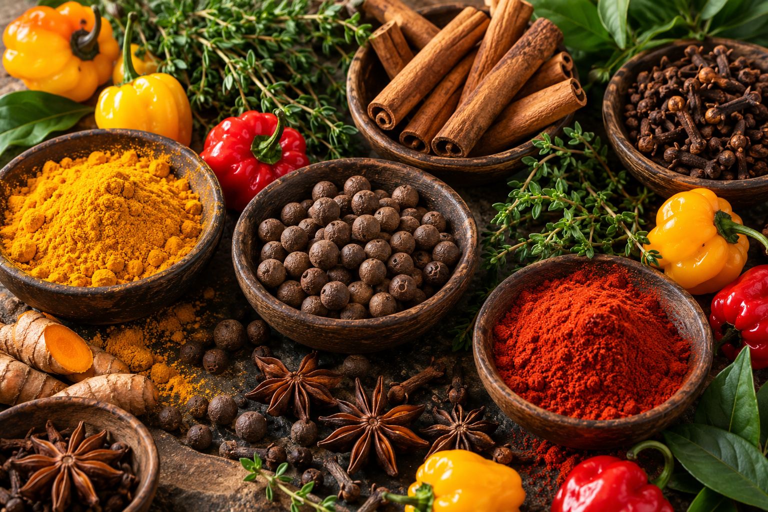 Colorful Caribbean spices, allspice, cinnamon, thyme, and Scotch bonnet peppers in rustic bowls