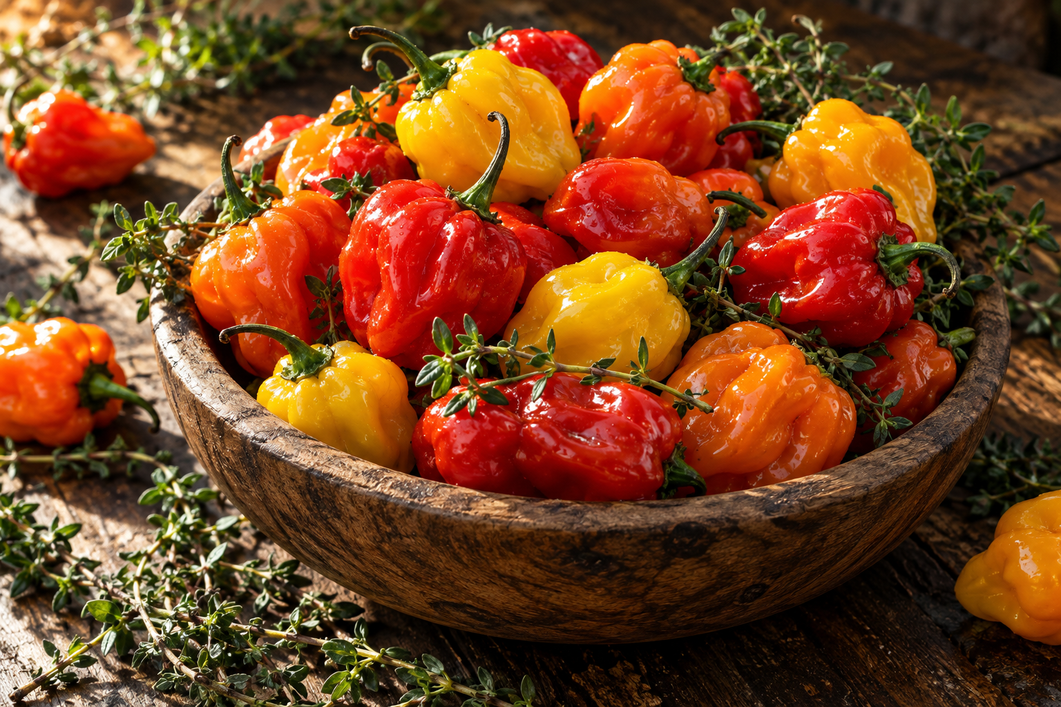 Fresh red and yellow Scotch bonnet peppers for Caribbean pepper sauce